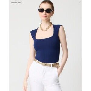 J.CREW Cap-Sleeve Stretch Cotton-Blend Squareneck Tank Top S Navy Blue NWT B58